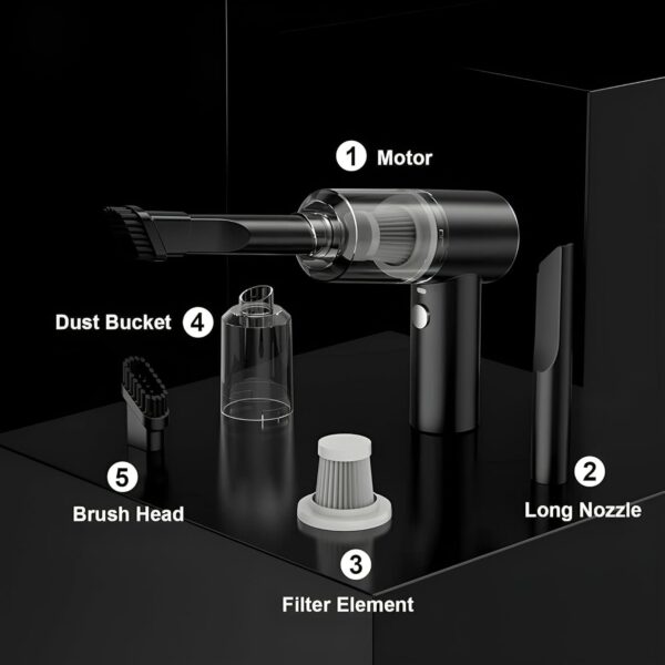 2 in 1 Car Vacuum Cleaner, Portable, High-Power Handheld Wireless Vacuum Cleaner, Home Car Dual USB Rechargeable (2 in 1 Vacuum Cleaner) (Black) - Image 2